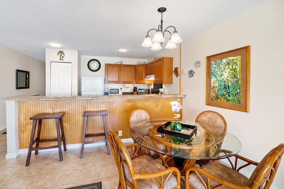 Indoor dining area with kitchen breakfast bar