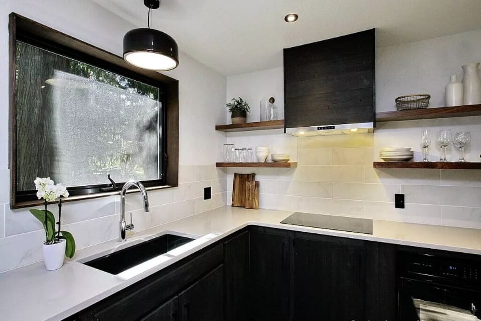 Induction cooktop with hood.