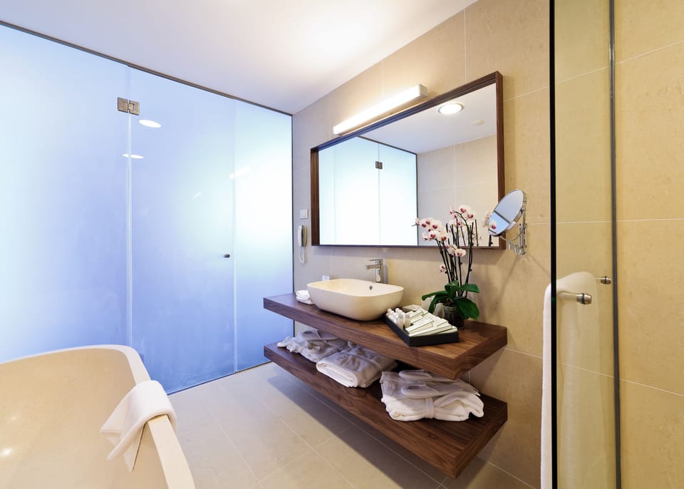 Separate tub and shower, free toiletries, hair dryer, bathrobes