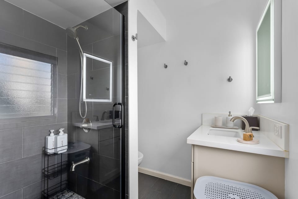 Modern ensuite with walk-in shower & complimentary toiletries.