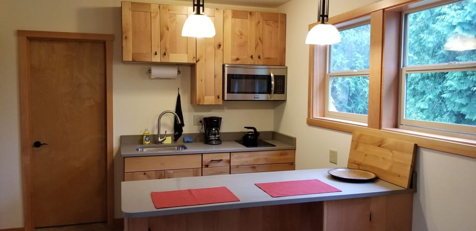 Kitchenette.  Two burner stove, sink, built-in microwave, refer under counter. 