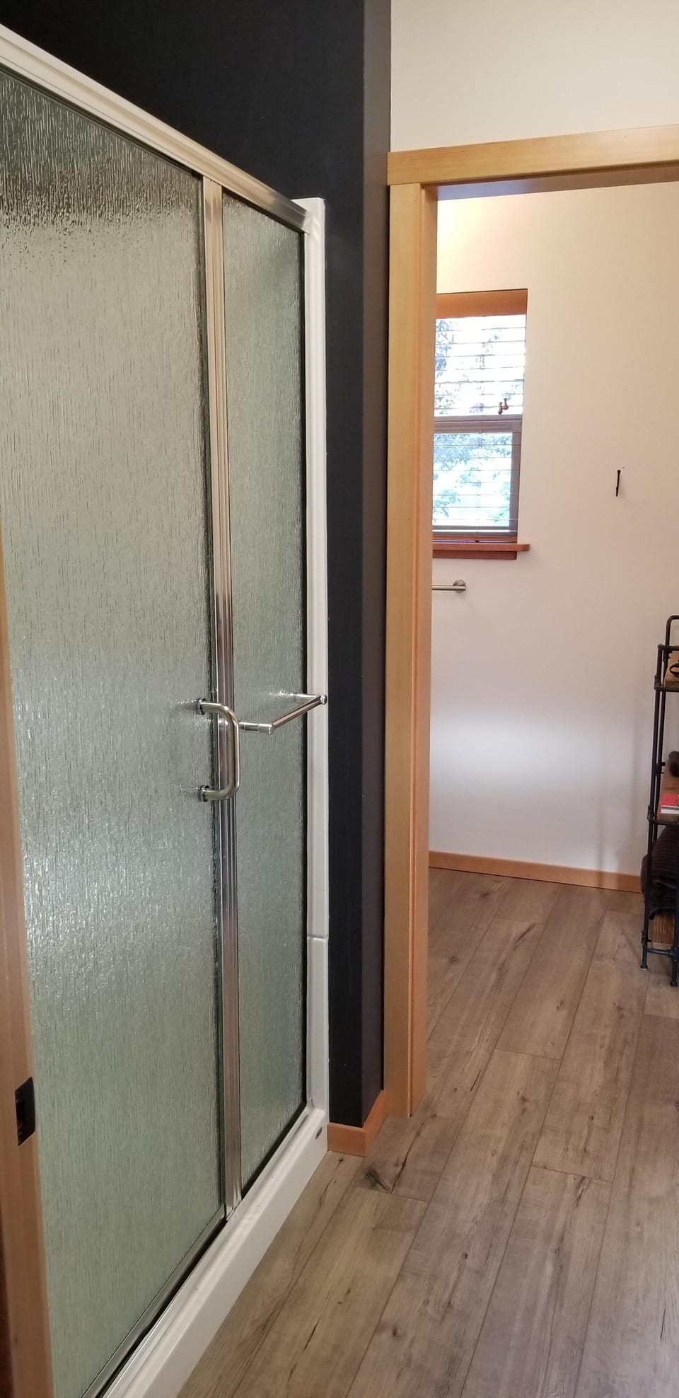 Glassed-in shower in bathroom. 