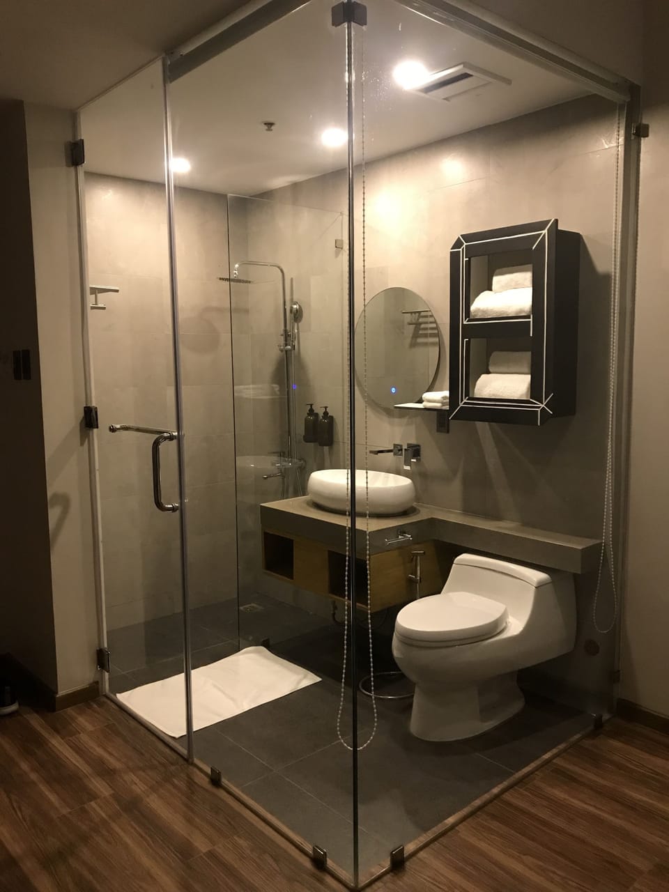 Shower, hydromassage showerhead, free toiletries, hair dryer