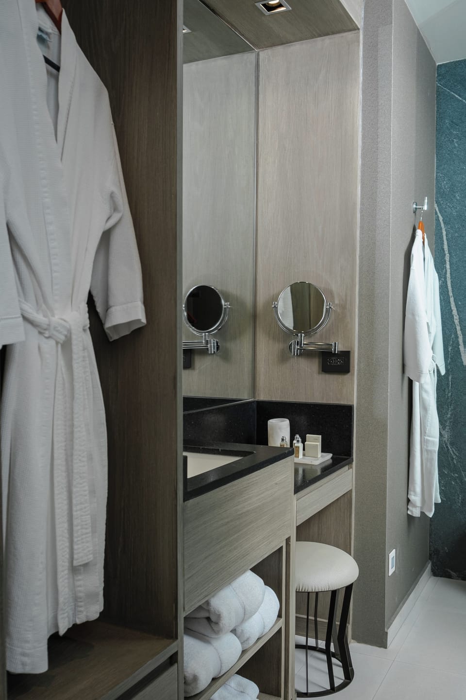 Shower, rainfall showerhead, designer toiletries, hair dryer