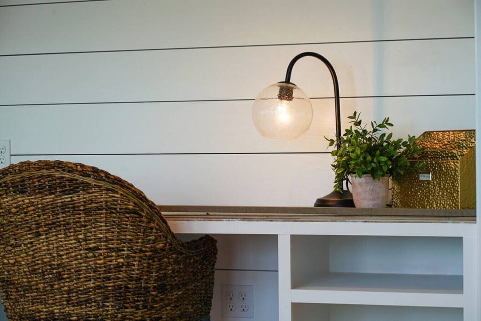 Close up view of the desk including shelves