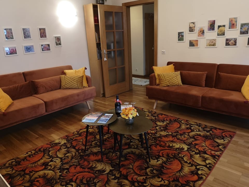 Perspectiva global da sala de estar, com particular destaque para os sofás