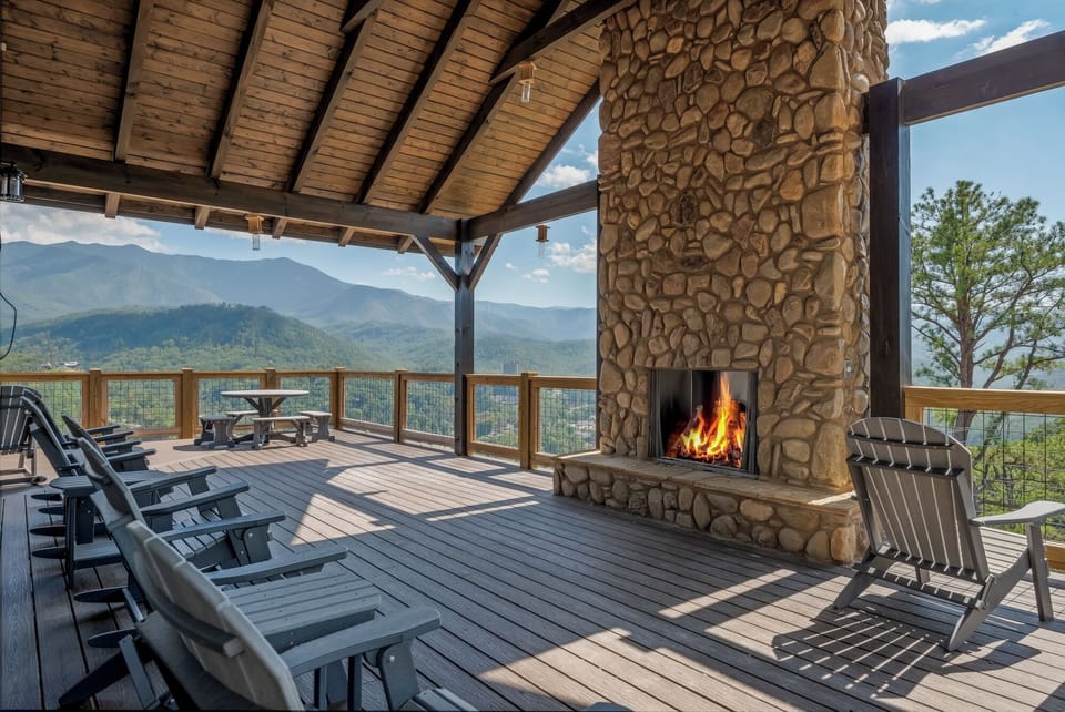 Deck with fireplace and lots of seating