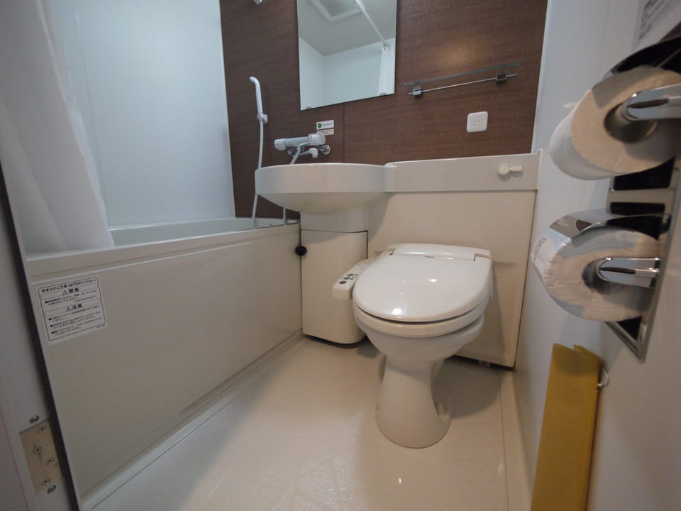 Combined shower/tub, free toiletries, hair dryer, slippers