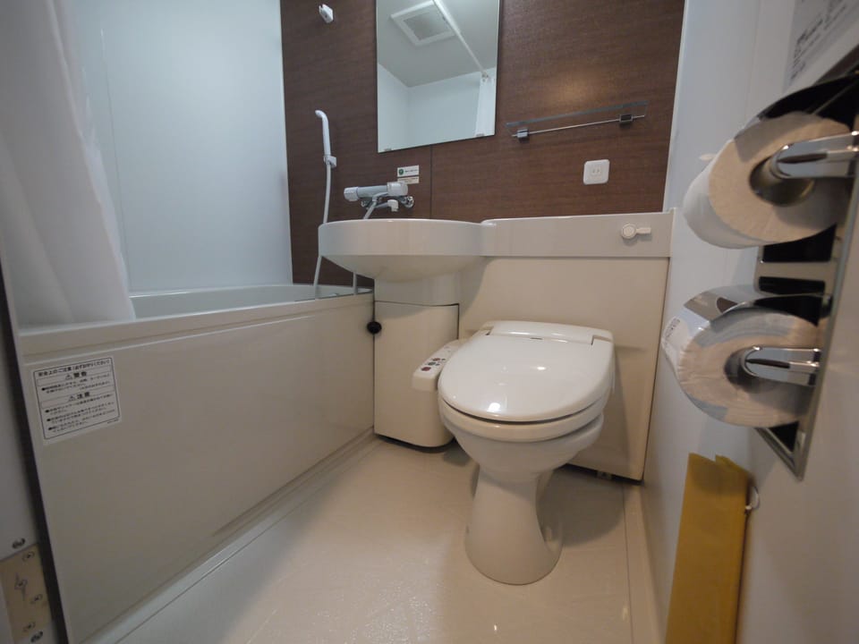 Combined shower/tub, free toiletries, hair dryer, slippers