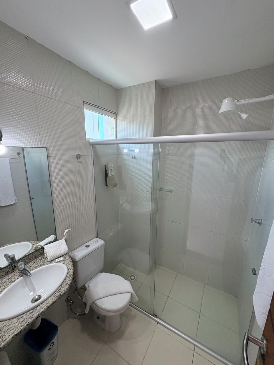 Shower, towels, soap, toilet paper