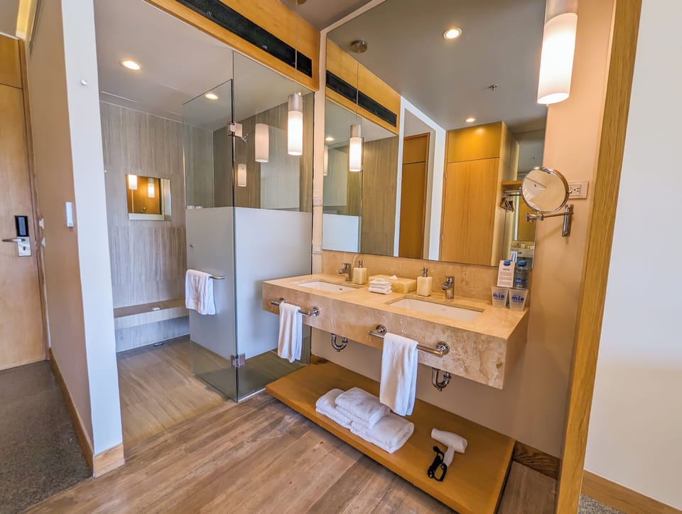 Shower, rainfall showerhead, hair dryer, towels