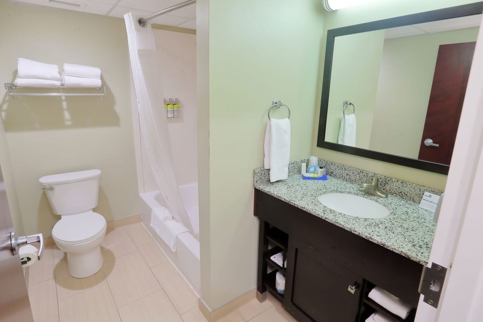 Combined shower/tub, eco-friendly toiletries, hair dryer, towels