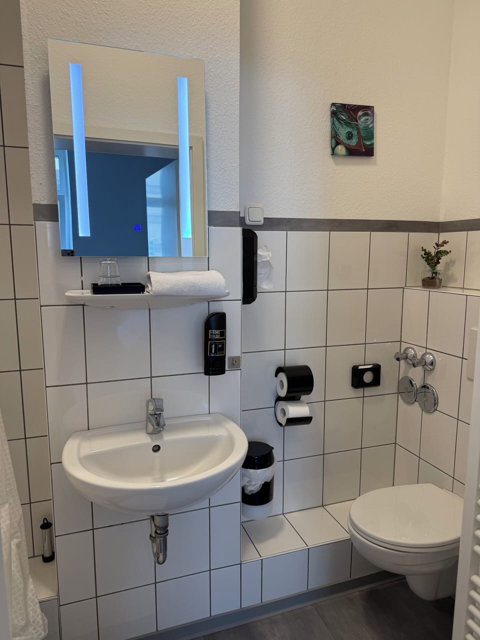 Shower, free toiletries, hair dryer, towels