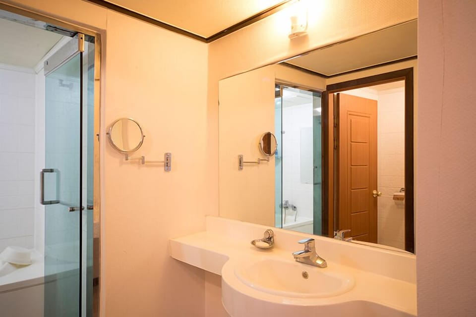 Combined shower/tub, deep soaking tub, free toiletries, hair dryer