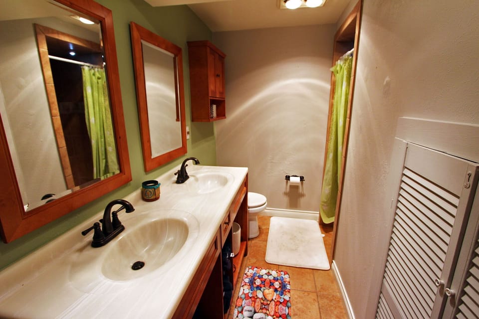 Basement bathroom with shower and double sinks