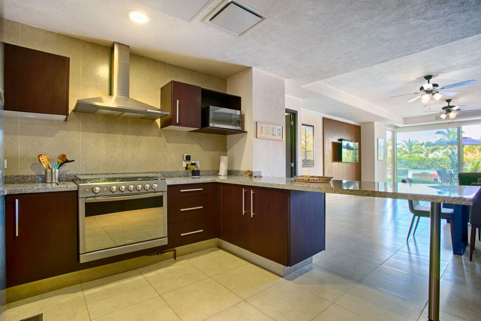 Stainless steel appliances and granite countertops
