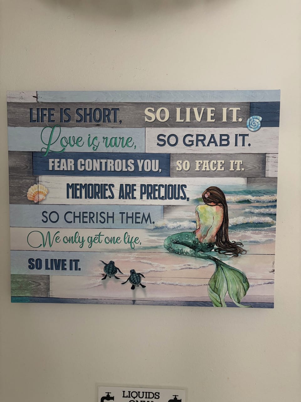 A coastal-inspired sign adorns the wall with a whimsical mermaid and sea turtles, reminding you to embrace each moment and 'so live it' during your beachside escape.