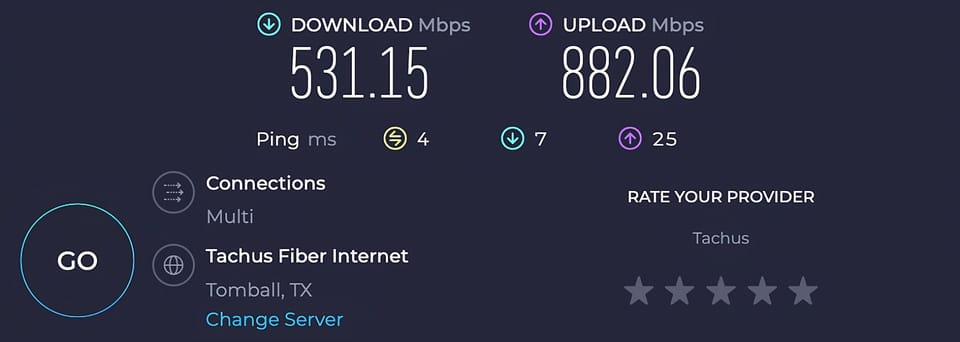 FIber 1gig internet.

Wifi speeds vary and aren't guaranteed. 
