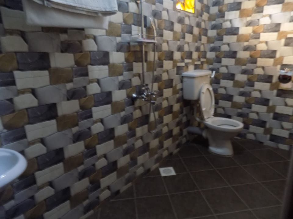 Shower, free toiletries, slippers, towels