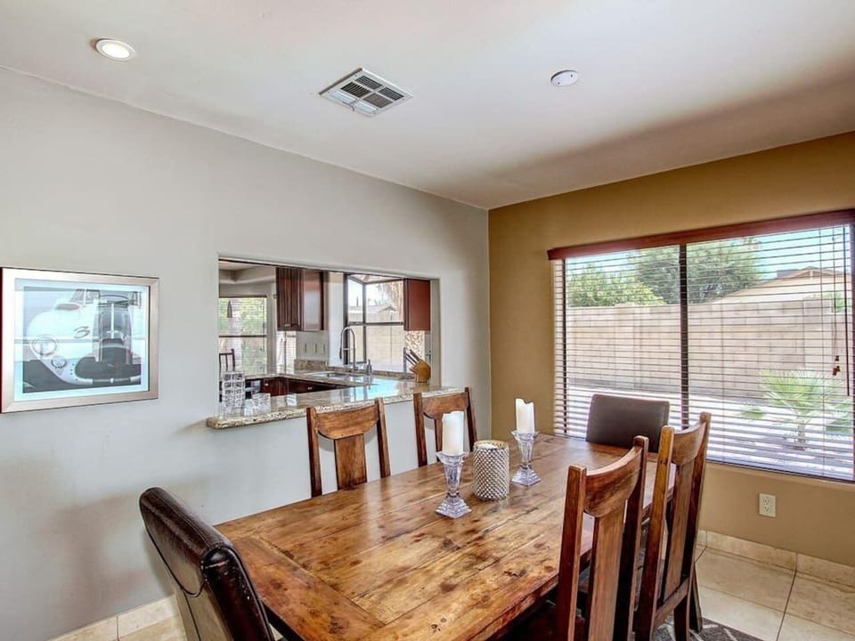 Open dining area seats six comfortably