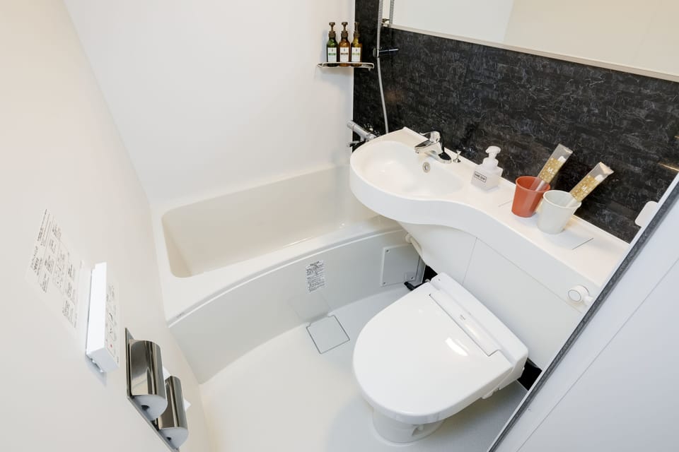 Combined shower/tub, free toiletries, hair dryer, slippers