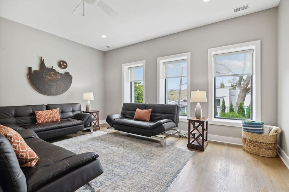 Living Room — 3 Futon Sofas, TV — Eagle's Nest, Nashville home near Broadway