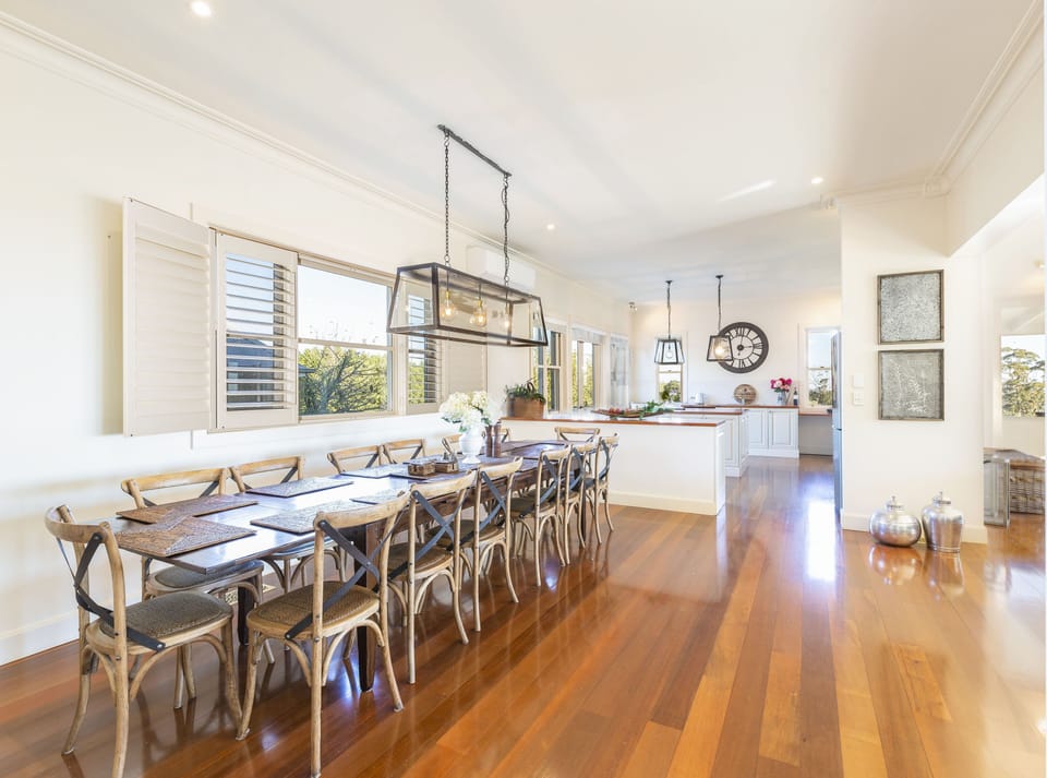 The large dining table seats 14 comfortably 