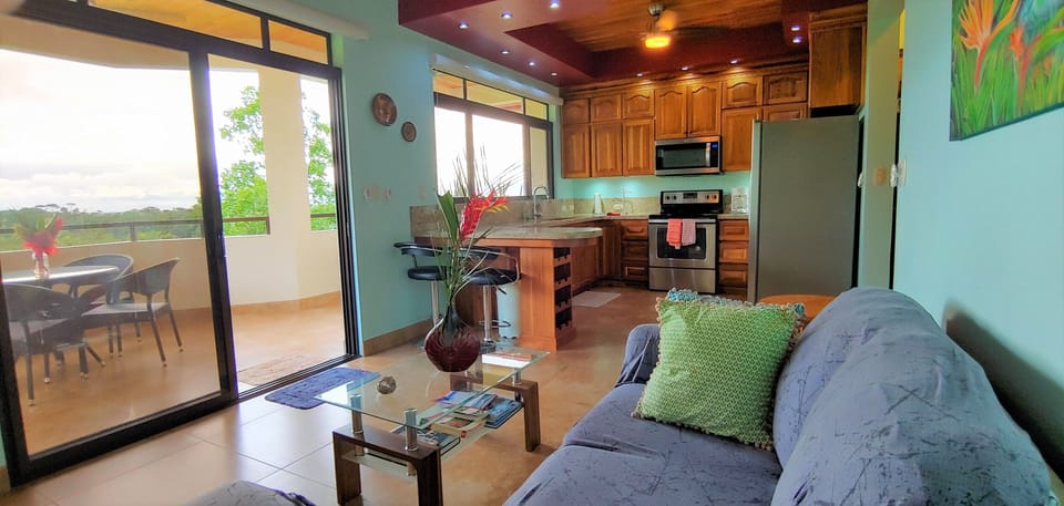 Comfy Living area and kitchen with views of the jungle and ocean in the distance