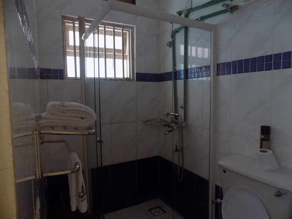Shower, rainfall showerhead, towels, soap
