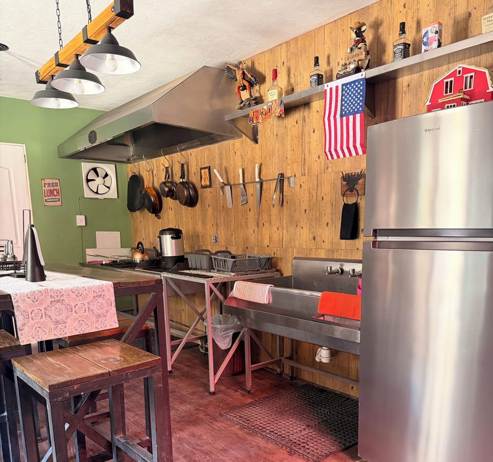 Fridge, microwave, blender, coffee grinder