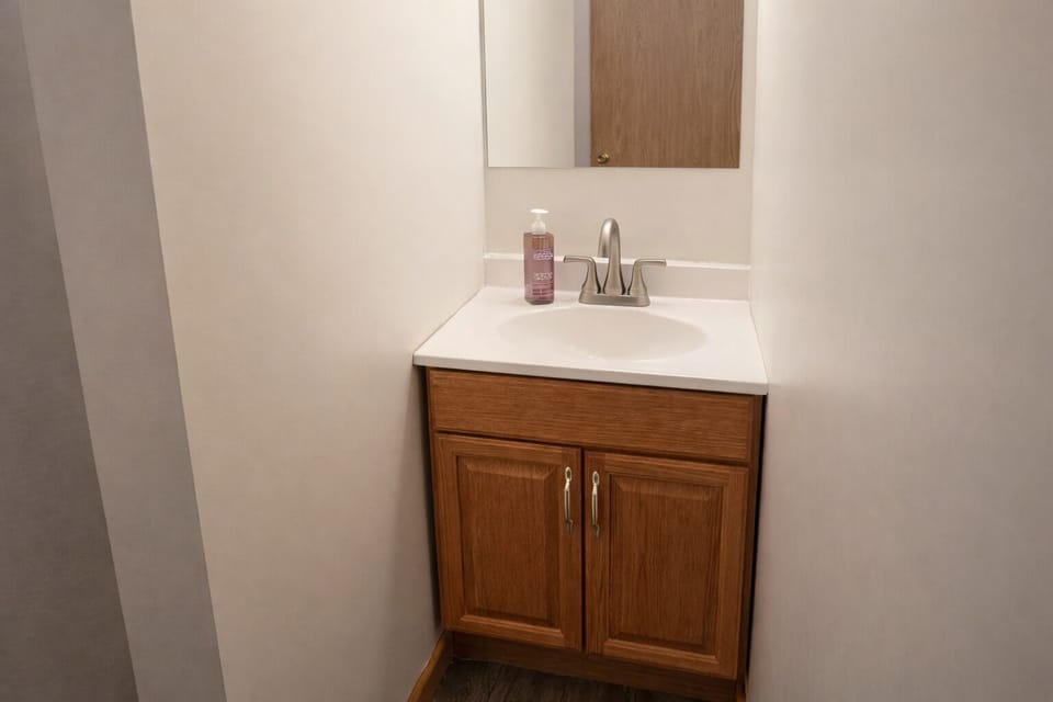 Bathroom vanity with sink and mirror in the second full bathroom at Pond View Loft.