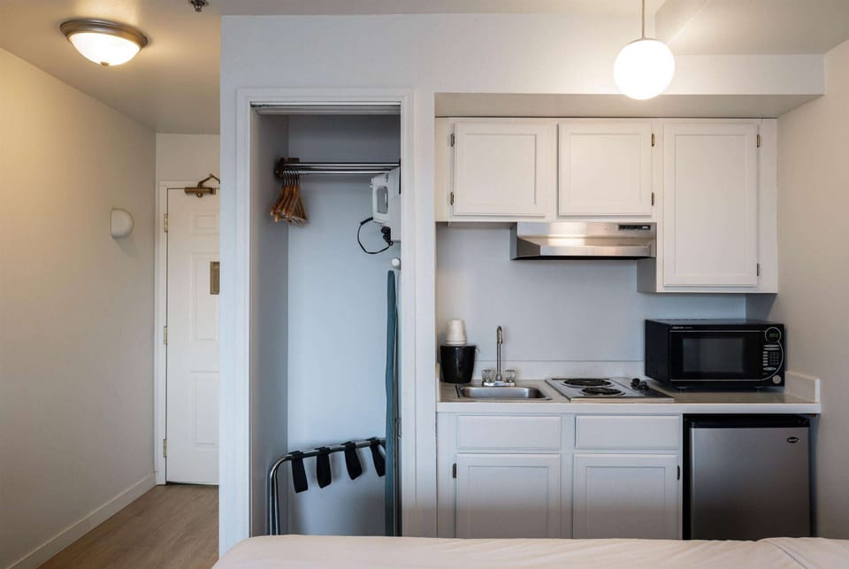 Mini-fridge, microwave, coffee/tea maker