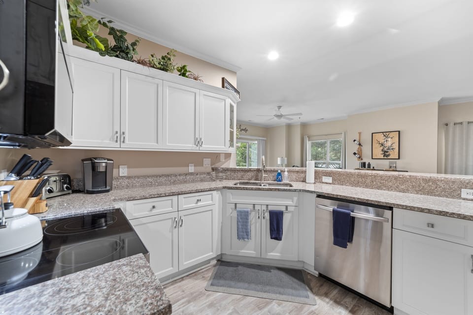 Fully equipped kitchen has everything you'll need for a short stay or a longer one.