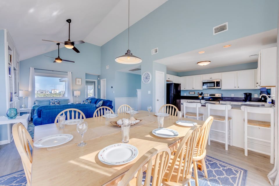 The great room's open layout keeps the whole group together, no matter the activity.