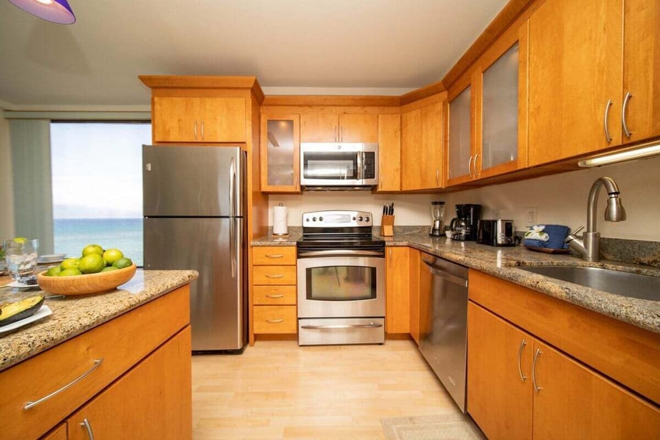 Fully equipped kitchen with stainless steel appliances