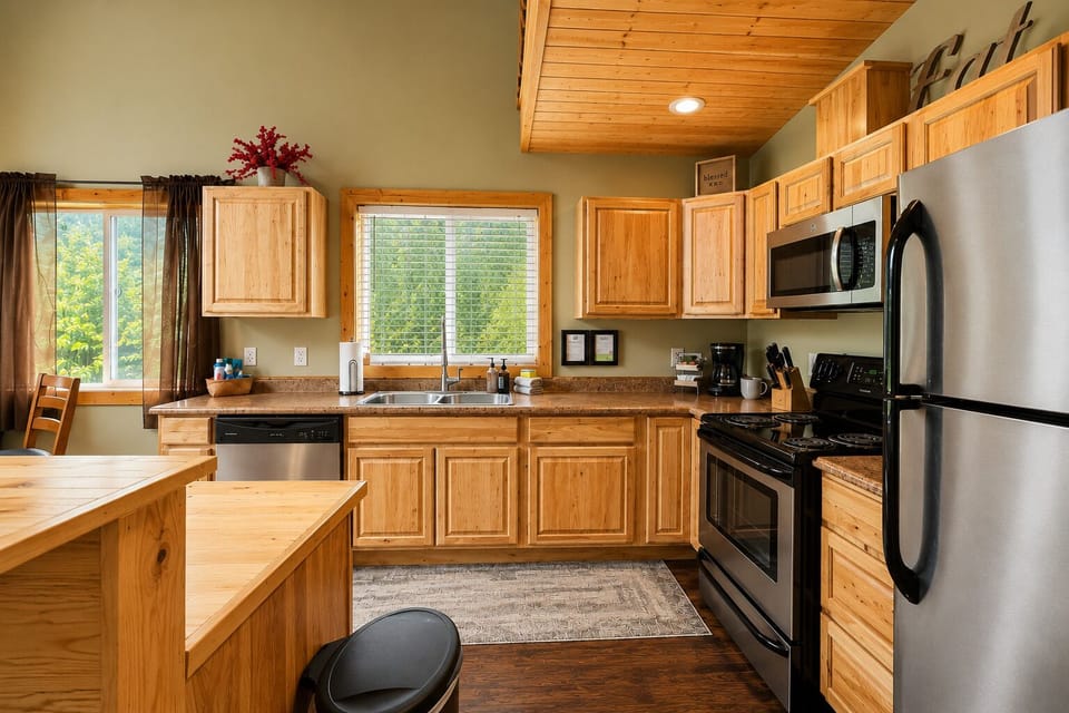 Full kitchen includes dishwasher and all of the cooking basics needed to prepare meals for your group.