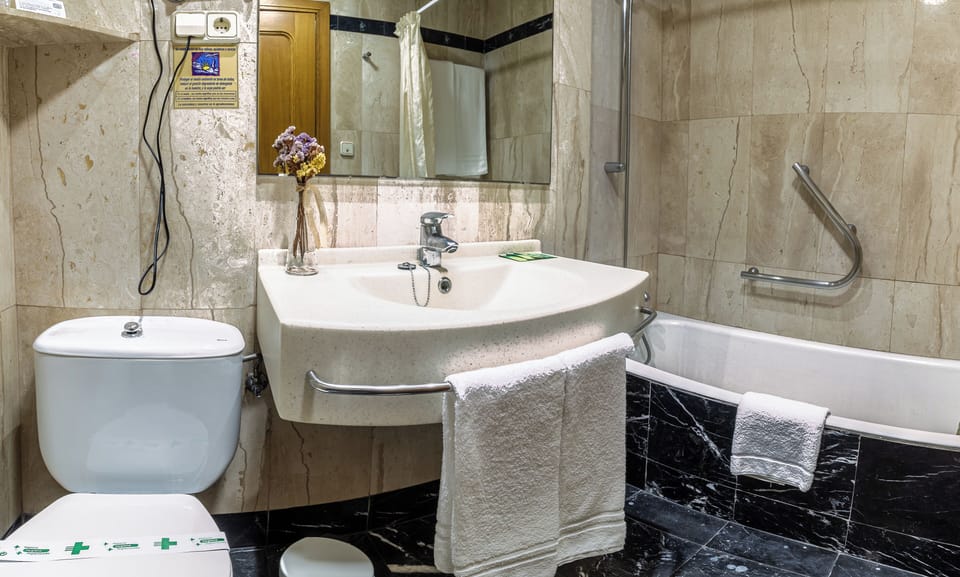 Free toiletries, hair dryer, bidet, towels