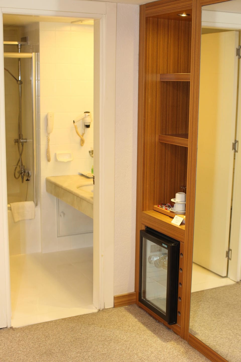 Hair dryer, slippers, towels