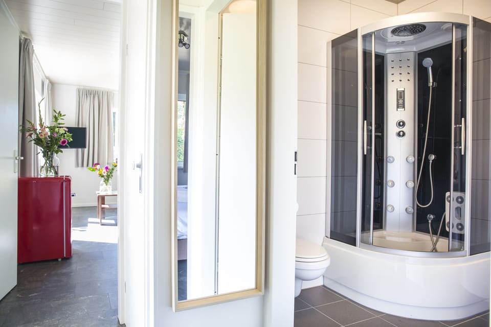 Deluxe Cabin, 1 Bedroom, Terrace, Garden Area | Bathroom | Shower, hydromassage showerhead, towels, toilet paper