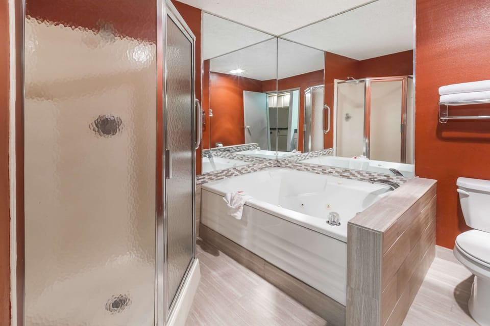 Combined shower/tub, free toiletries, hair dryer, towels