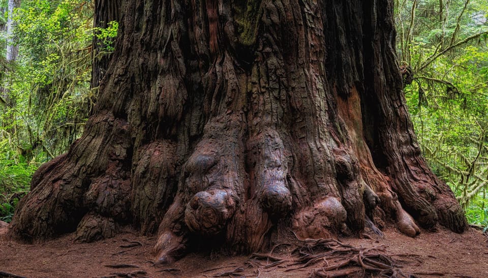 The base of a giant living redwood tree. There are thousands of them.