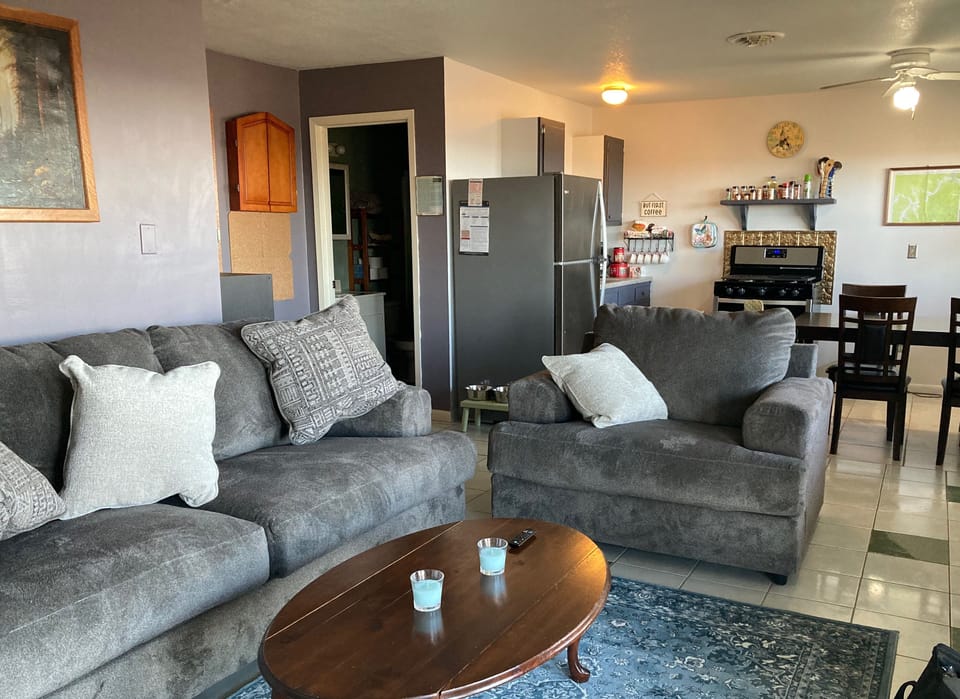 view of living and kitchen; sofa is a pull out bed