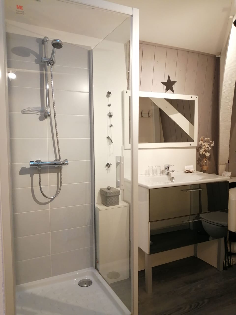 Family Room | Bathroom | Shower, rainfall showerhead, hair dryer, towels