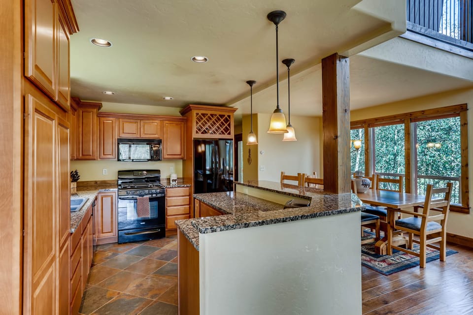 The Claim Jumper has a beautiful kitchen with granite counter tops and everything you will need for your stay.