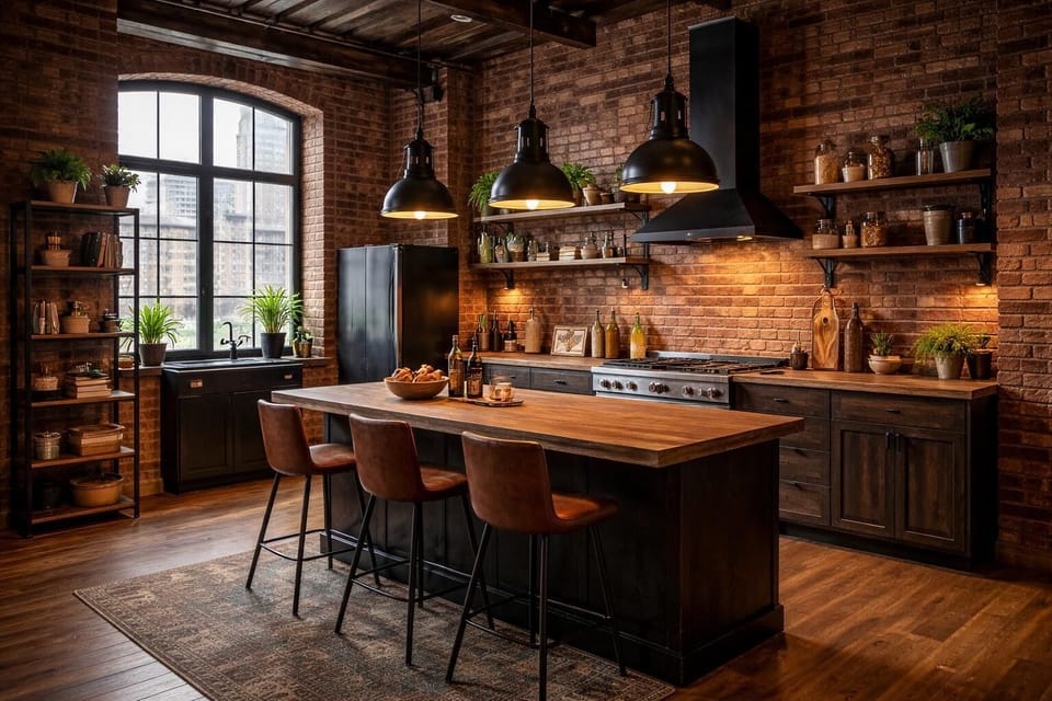 Rustic kitchen with warm brick walls and cozy ambiance
