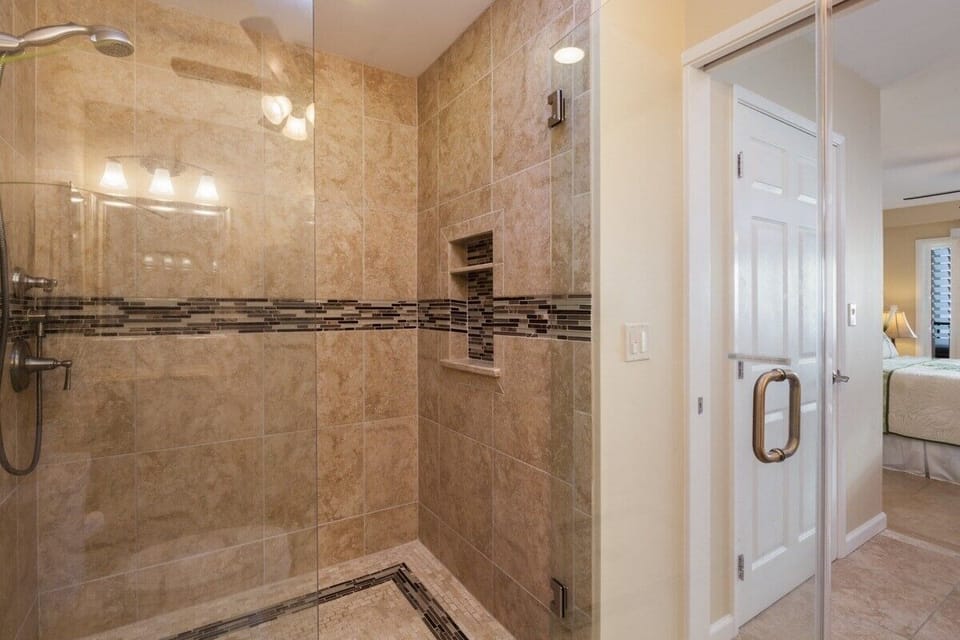 Walk in large shower.