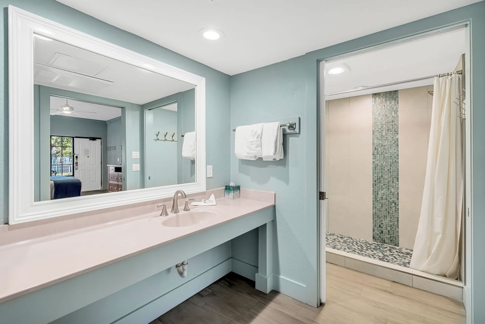 Large vanity counter and bathroom with walk-in shower