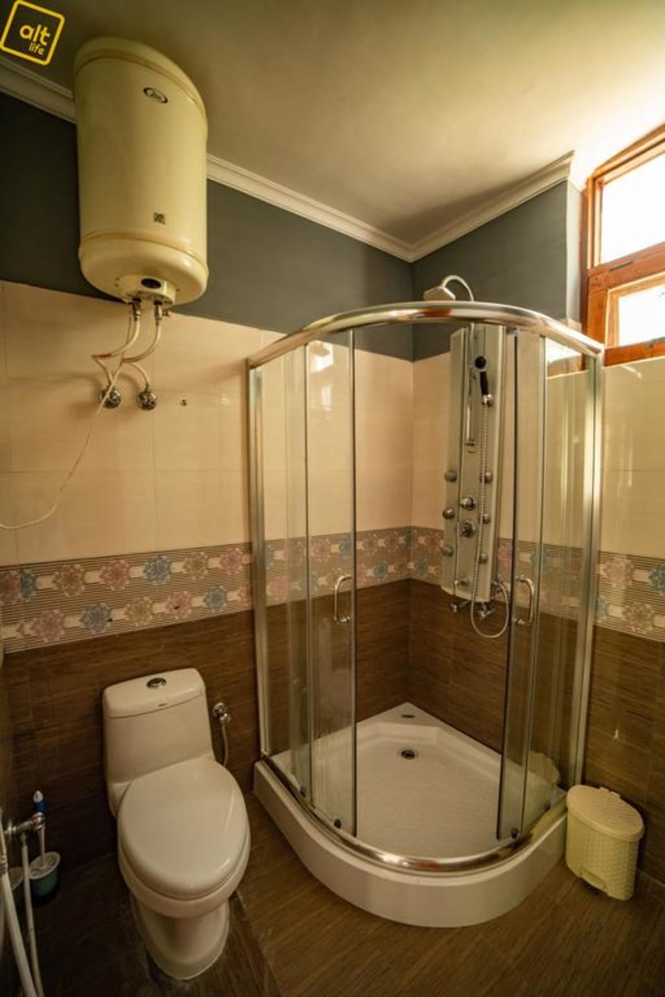 Shower, slippers, towels, soap