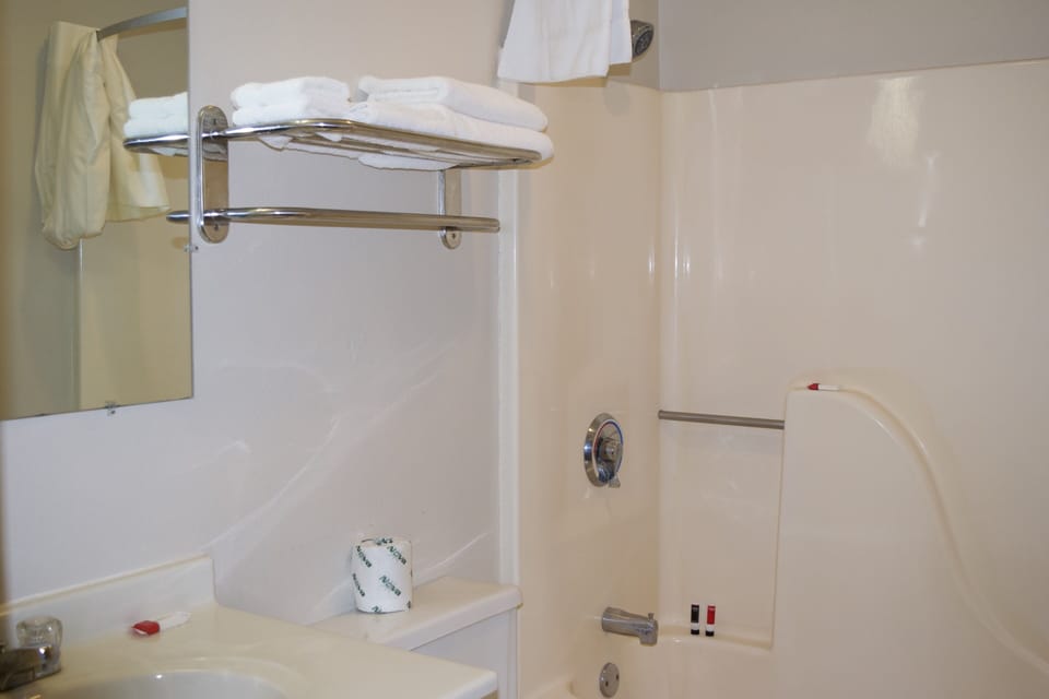 Combined shower/tub, free toiletries, hair dryer, towels