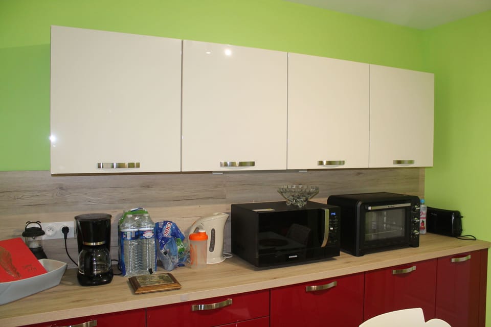 Twin Room (Cadillac) | Private kitchen | Fridge, microwave, oven, stovetop